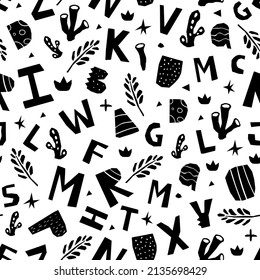 Cutout dino type seamless pattern. Vector illustration. Black print on white background