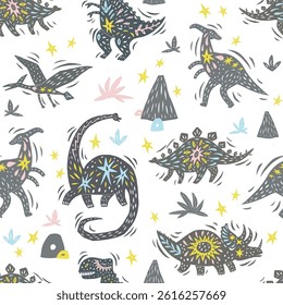 Cortar dinossauros repete padrão. Design moderno minimalista para têxteis, roupas infantis, papel de parede, tecido.