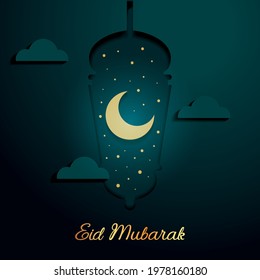 Cutout Drop Shadow. Eid Mubarak Greeting Crescent Moon And Stars Inside Lamp With Clouds On Dark Background