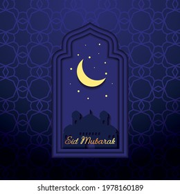 Cutout Drop Shadow. Eid Mubarak Greeting Mosque Illustration With Crescent Moon And Stars On Dark Patterned Background