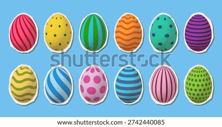 Cutout Easter egg set. Trendy collage art with halftone dotted texture. 