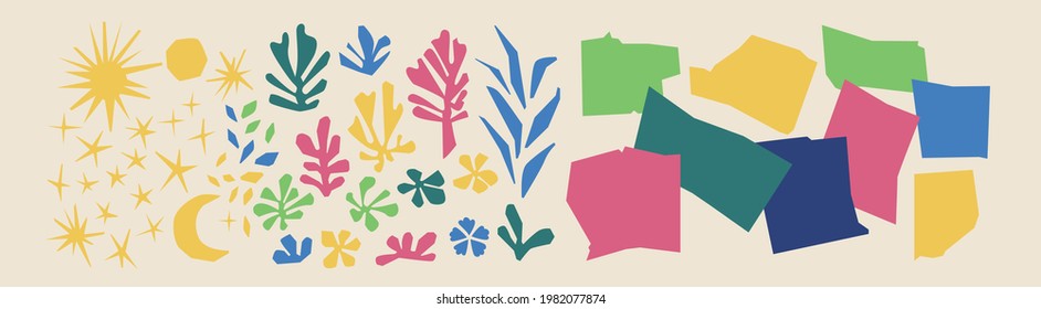 Cutout elements isolated. Trendy Matisse inspired style. Retro, vintage. Contemporary paper cut outs form. Set collection. Vector hand drawn artwork. Blue, pink, red, beige, green, yellow bright color