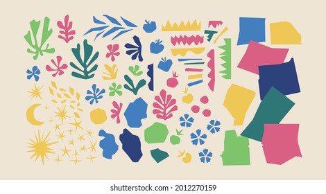 Cutout elements isolated. Trendy Matisse inspired style. Retro, vintage. Contemporary paper cut outs form. Set collection. Vector hand drawn artwork. Blue, pink, red, beige, green, yellow bright color