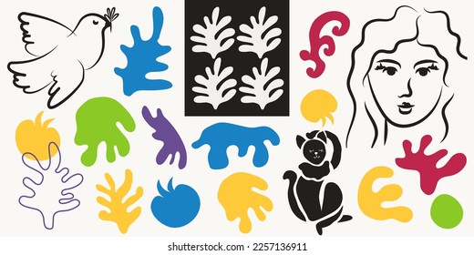 Cutout elements isolated. Trendy Matisse inspired style. Retro, vintage. Contemporary paper cut outs form. Set collection. Vector hand drawn artwork. Blue, pink, green, yellow bright color.