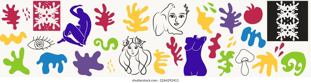 Cutout elements isolated. Trendy Matisse inspired style. Retro, vintage. Contemporary paper cut outs form. Set collection. Vector hand drawn artwork. Blue, pink, green, yellow bright color.