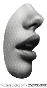 cut-out face part with female mouth lips nose isolated on white background side view retro halftone grunge dotted effect collage element for mixed media design