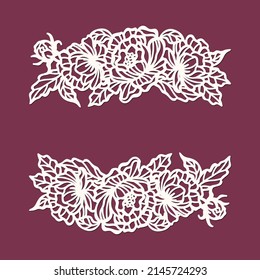 Cutout floral border, Split monogram with peony flowers, laser cut template, vector.