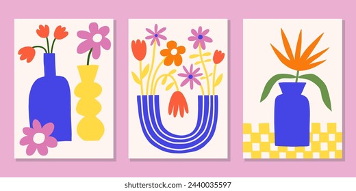 Ausgeschnittene Blumenplakatdesigns. Helle Sommer-Vektor-Drucke gesetzt. Moderne Blume in Vase Illustration. Botanische Hintergründe