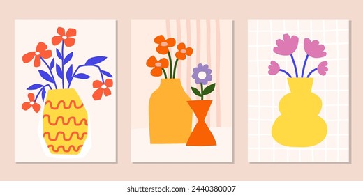 Cutout floral poster designs. Bright summer vector prints set. Modern flower in vase illustration. Botanical backgrounds