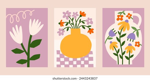 Cutout floral poster designs. Bright summer vector prints set. Modern flower in vase illustration. Botanical backgrounds