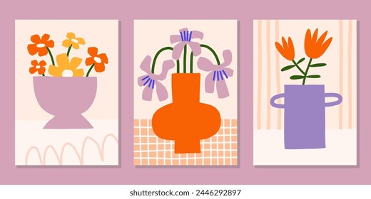 Cutout floral poster designs. Bright summer vector prints set. Modern flower in vase illustration. Botanical backgrounds