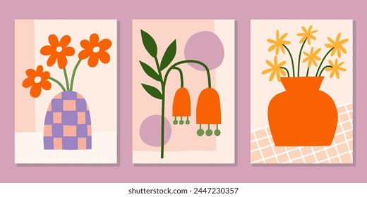 Cutout floral poster designs. Bright summer vector prints set. Modern flower in vase illustration. Botanical backgrounds