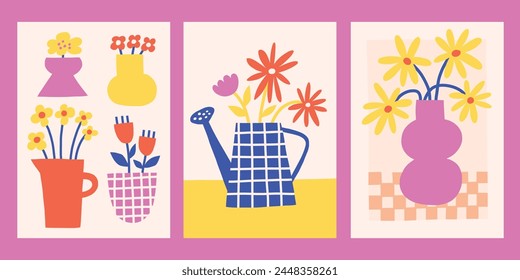 Cutout floral poster designs. Bright summer vector prints set. Modern flower in vase illustration. Botanical backgrounds