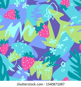 Cutout flowers, berries, leaves with geometrical shape and doodles. Abstract flat botanical seamless pattern. Collage made of floral paper cut shapes. For textile, fabric, wallpaper, wrapper.