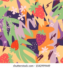 Cutout flowers, berries, leaves with geometrical shape and doodles. Abstract flat botanical seamless pattern. Collage made of floral paper cut shapes. For textile, fabric, wallpaper, wrapper.