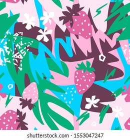 Cutout flowers, berries, leaves with geometrical shape and doodles. Abstract flat botanical seamless pattern. Collage made of floral paper cut shapes. For textile, fabric, wallpaper, wrapper.