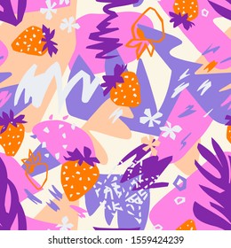 Cutout flowers, berries, leaves with geometrical shape and doodles. Abstract flat botanical seamless pattern. Collage made of floral paper cut shapes. For textile, fabric, wallpaper, wrapper.