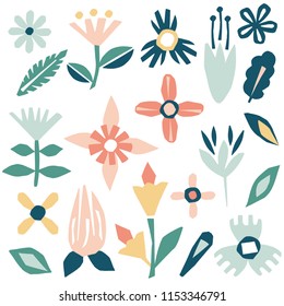Cutout flowers and floral elements collection. Scandinavian geometric abstract modern plants and leaves. Simple vector set. Hand drawn graphic design 