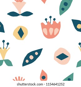 Cutout flowers and floral elements seamless pattern. Scandinavian geometric abstract modern plants and leaves. Simple vector background. Hand drawn graphic design for paper, textile, fabric