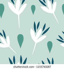 Cutout flowers and floral elements seamless pattern. Scandinavian geometric abstract modern plants and leaves on green. Simple vector background. Hand drawn graphic design for paper, textile, fabric