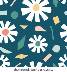 Cutout flowers and floral elements seamless pattern. Scandinavian geometric abstract modern plants and leaves on navy. Simple vector background. Hand drawn graphic design for paper, textile, fabric
