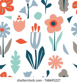 Cutout flowers and floral elements seamless pattern. Scandinavian geometric abstract plant silhouettes. Minimalistic simple collection