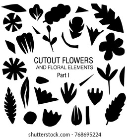 Cutout flowers and floral elements set. Black on white. Scandinavian geometric abstract plant silhouettes. Minimalistic simple collection