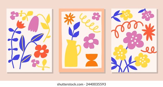 Cutout flowers poster designs. Bright summer vector print. Modern floral backgrounds set. Botanical wall art