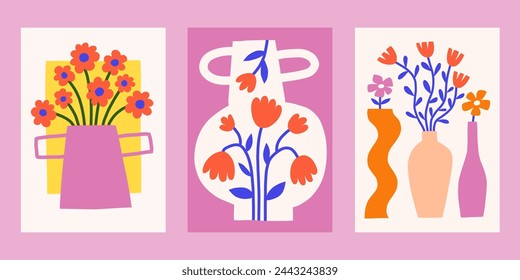 Ausgeschnittene Blumen Poster Designs. Heller Sommer-Vektor-Druck. Moderne florale Hintergründe gesetzt. Botanische Wandkunst