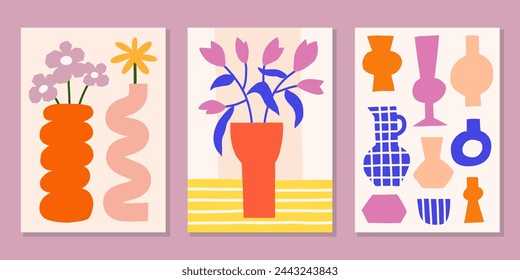 Diseños de póster de flores de recorte. Impresión de vector floral simple. Conjunto de fondos abstractos modernos. Arte de pared botánica