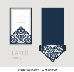 Cutout folding envelope for wedding invitation card with lace border ornament. Vector template for laser cutting. Place for text.