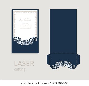 Cutout folding envelope for wedding invitation card with lace border ornament. Vector template for laser cutting. Place for text.
