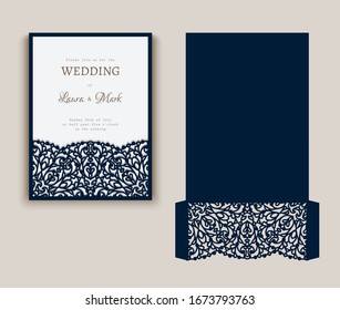Cutout folding envelope for wedding invitation card with lace border pattern. Save the date card mock up. Vector scroll work template for laser cutting. Elegant cricut decoration. Place for text