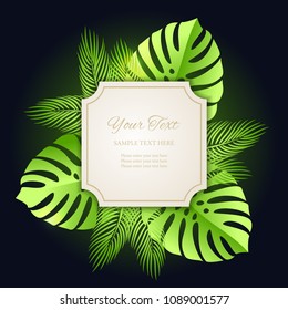 Cutout frame with shadow on dark tropical background of monstera and palm tree leaves. Vintage figure frame with cut paper borders. 3d design template. Retro styled label. Vector illustration
