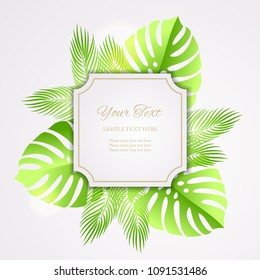 Cutout frame with shadow on tropical background of monstera and palm tree leaves. Vintage figure frame with cut paper borders. 3d design template. Retro styled label. Vector illustration