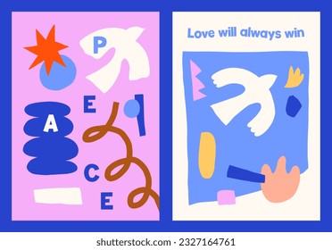 Cutout geometric shapes motivational prints. Modern abstract vector posters with doves. Paper cut style illustrations. Peace symbols