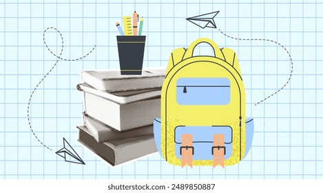 Cutout halftone collage Back to School concept. Yellow backpack, stack of books, pencil holder with stationery, and playful paper planes. Blue background with checkered pattern. Vector illustration