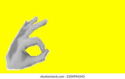 Cutout hand gesture ok in pop art style. Trendy halftone effect on bright background