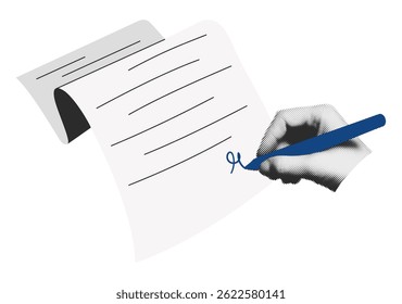 Cutout hand signing business contract or document, signature concept halftone art collage element. Modern retro mixed media vector illustration isolated on transparent background
