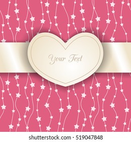 Cutout heart shaped frame on seamless ornamental pink background with stars. Paper cut 3d heart with satin ribbon. Invitation or Valentine's day greeting card design template. Vector illustration
