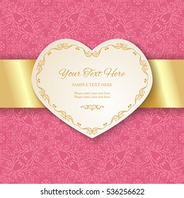Cutout heart shaped frame on seamless ornamental pink background. Paper cut 3d heart with golden satin ribbon. Invitation or Valentine's day greeting card design template. Vector illustration