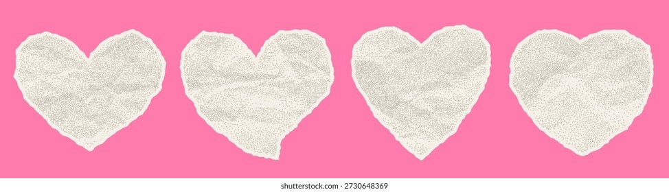 Cutout hearts with crumpled paper texture. Valentine`s day design elements. 