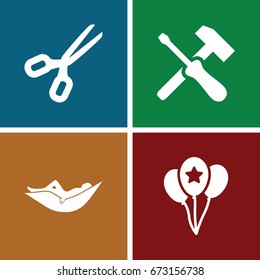 Cutout icons set. set of 4 cutout filled icons such as woman in hammock, balloon, scissors