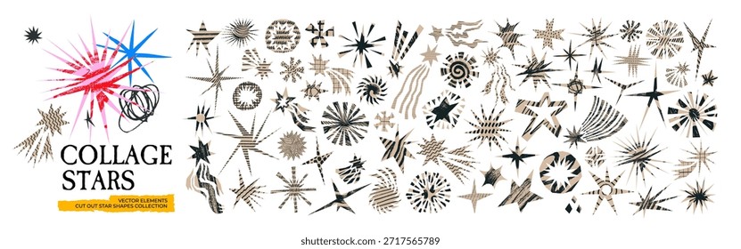 Cutout irregular star shape stickers with chalk scribbles and crayon patterns. Asymmetrical starlike forms for scrapbook design, zine collages and retro comic design. Hand drawn rough textures.