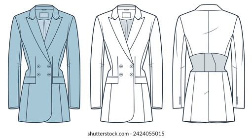 Cutout Jacket technical fashion illustration. Blazer Jacket fashion flat technical drawing template, double breasted, fitted, front and back view, white, blue, women, men, unisex CAD mockup set.