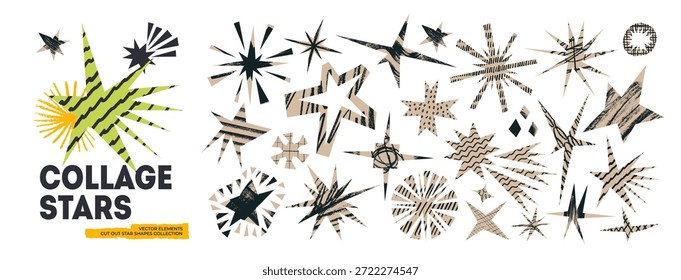 Recorte de formas irregulares irregulares de estrelas com rabiscos de lápis e textura. Formas assimétricas angulares semelhantes a estrelas. Scrapbook e zine colagem estrela ícones com rabiscos de giz brincalhão, pinceladas à mão livre.