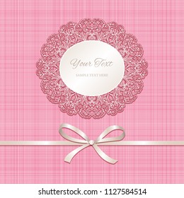 Cutout lacy frame on pink textured background. Invitation, greeting card or baby shower design template. Vector illustration