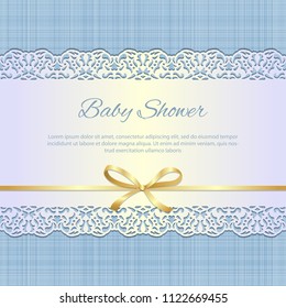 Cutout lacy ribbon on blue textured background. Invitation, greeting card or baby shower design template. Vector illustration.