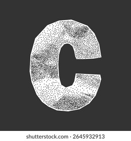 Cutout letter C from wrinkled notebook paper. Ransom note collage font with gritty halftone dots and distressed retro surface.