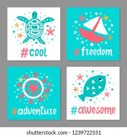 Cutout marine animal kids design element paper flyer card set. Lettering popular hashtag title cool, freedom. Vector cartoon fish, boat, turtle, helm doodle background. Child ocean graphic posters